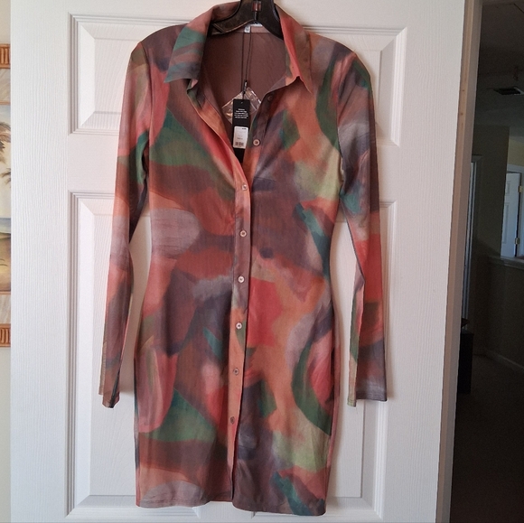 Fashionova Tied Died Mesh Button Down Long Sleeve Dress. Small NWT - Picture 2 of 9